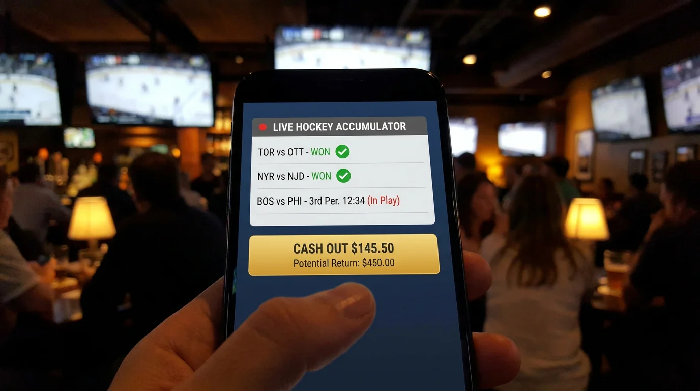 Mobile sportsbook app showing a cash-out option on a live hockey accumulator