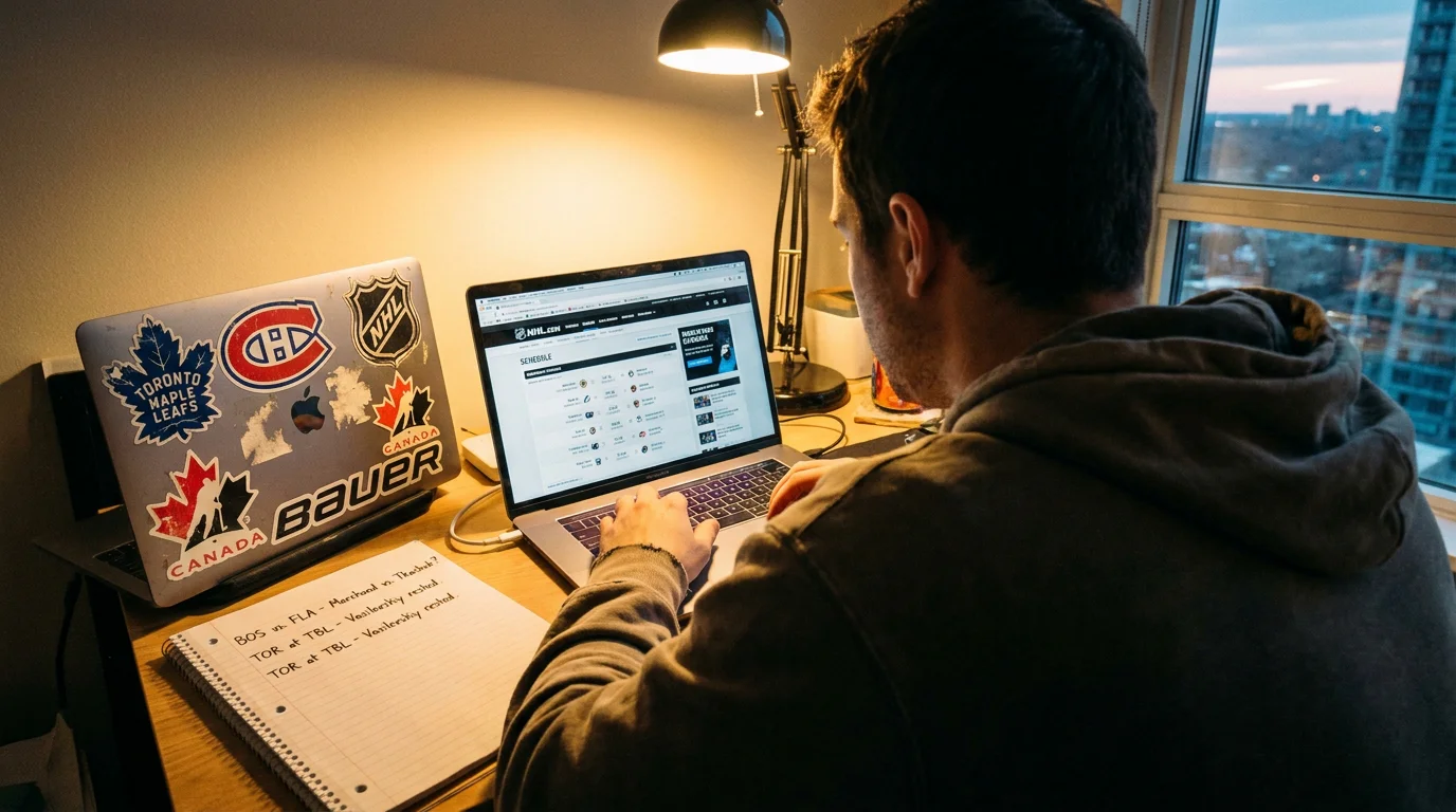 Bettor reviewing NHL matchups on a laptop while selecting accumulator legs
