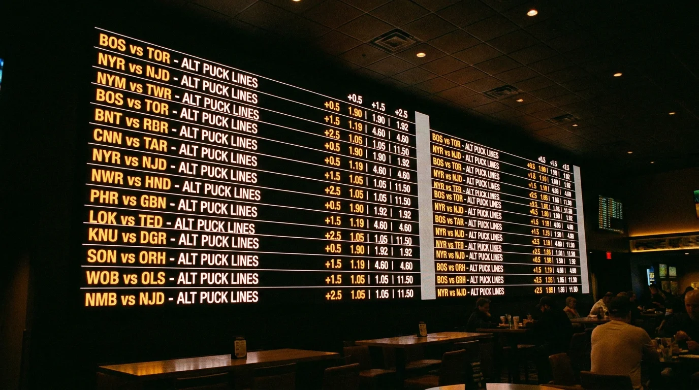 Sportsbook display board showing alternative puck line options at various goal spreads