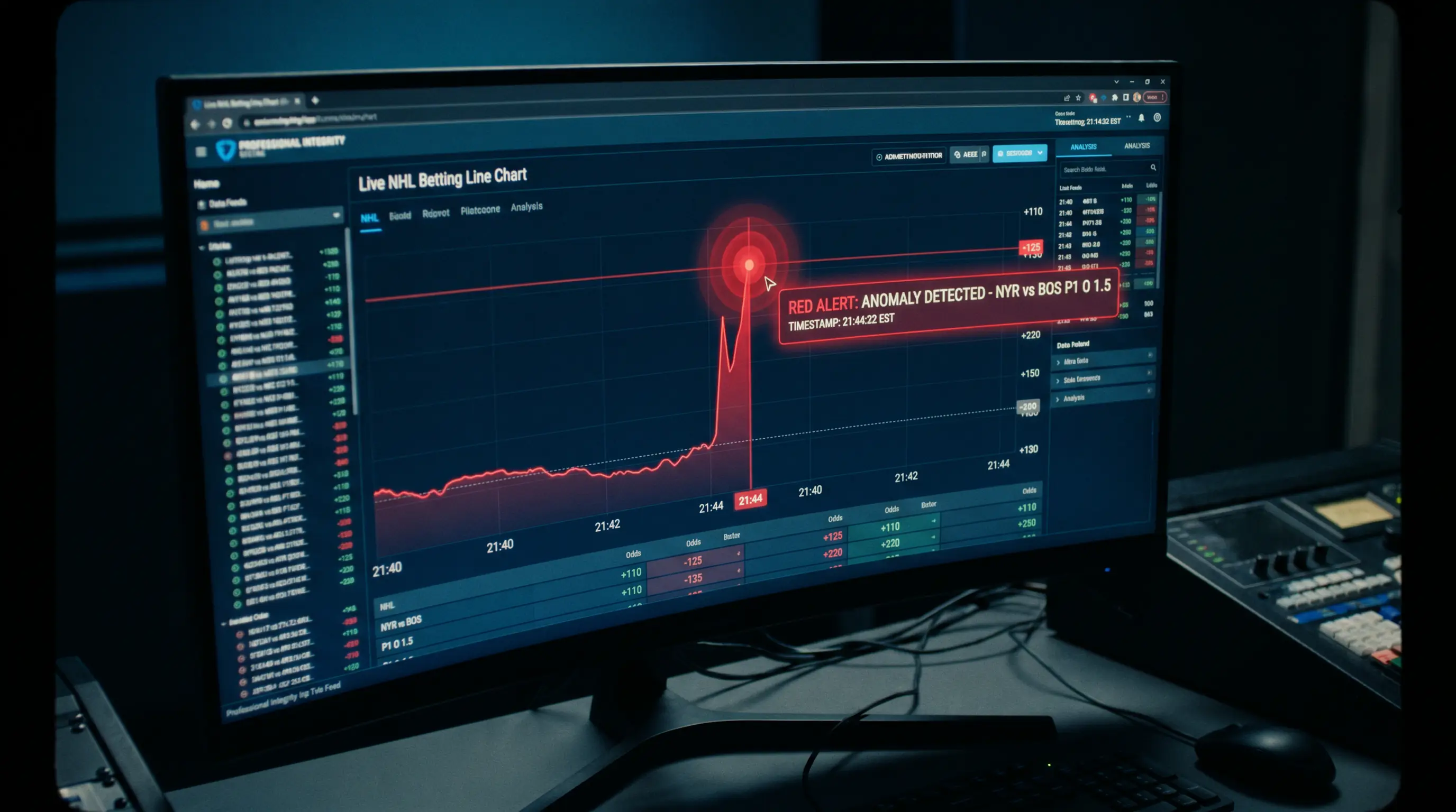 Alert dashboard flagging an unusual betting line shift on an NHL game