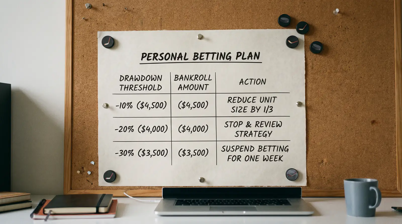 Written plan with bankroll checkpoints and drawdown response rules on a desk