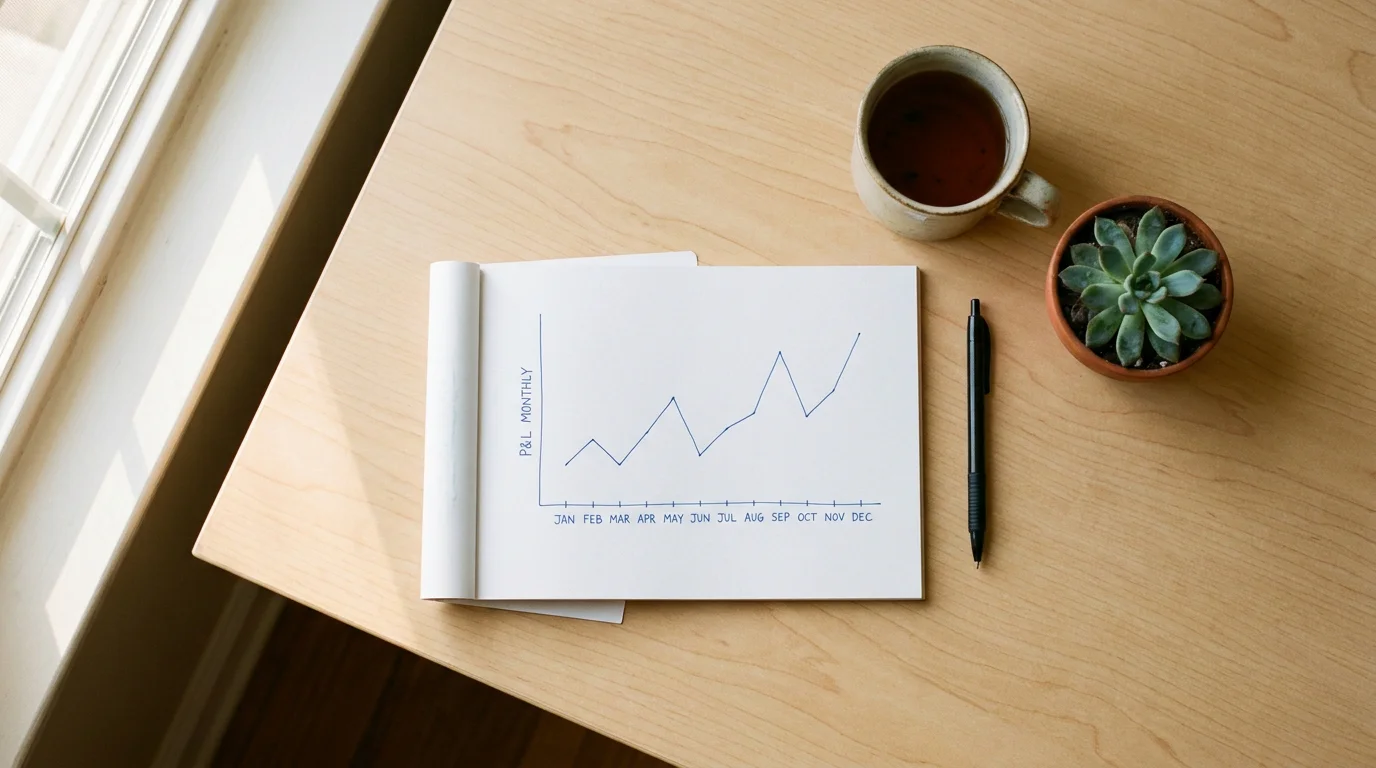 Open notebook with a simple profit and loss chart beside a cup of tea on a desk