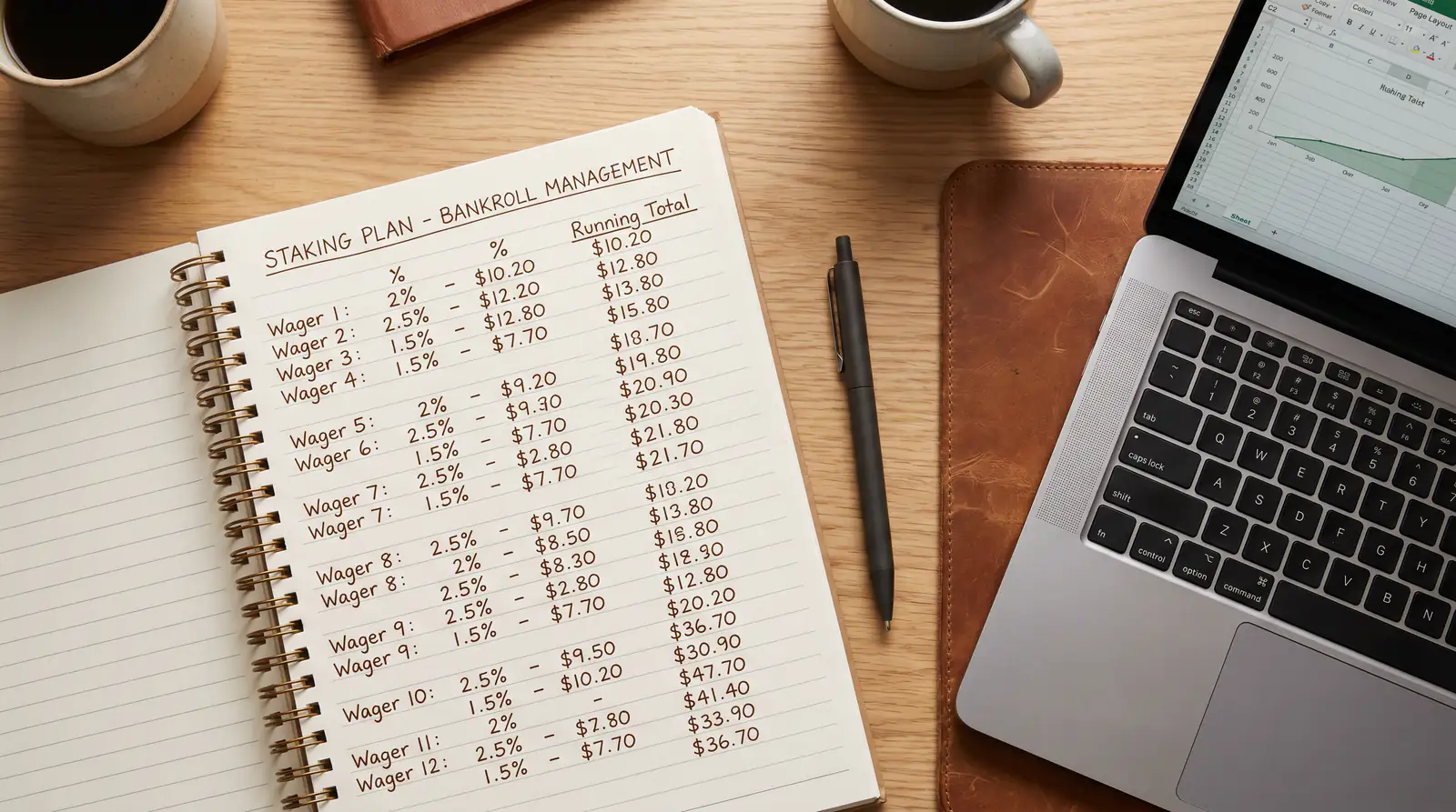 Notebook with staking plan calculations beside a laptop, showing disciplined bankroll management for hockey betting