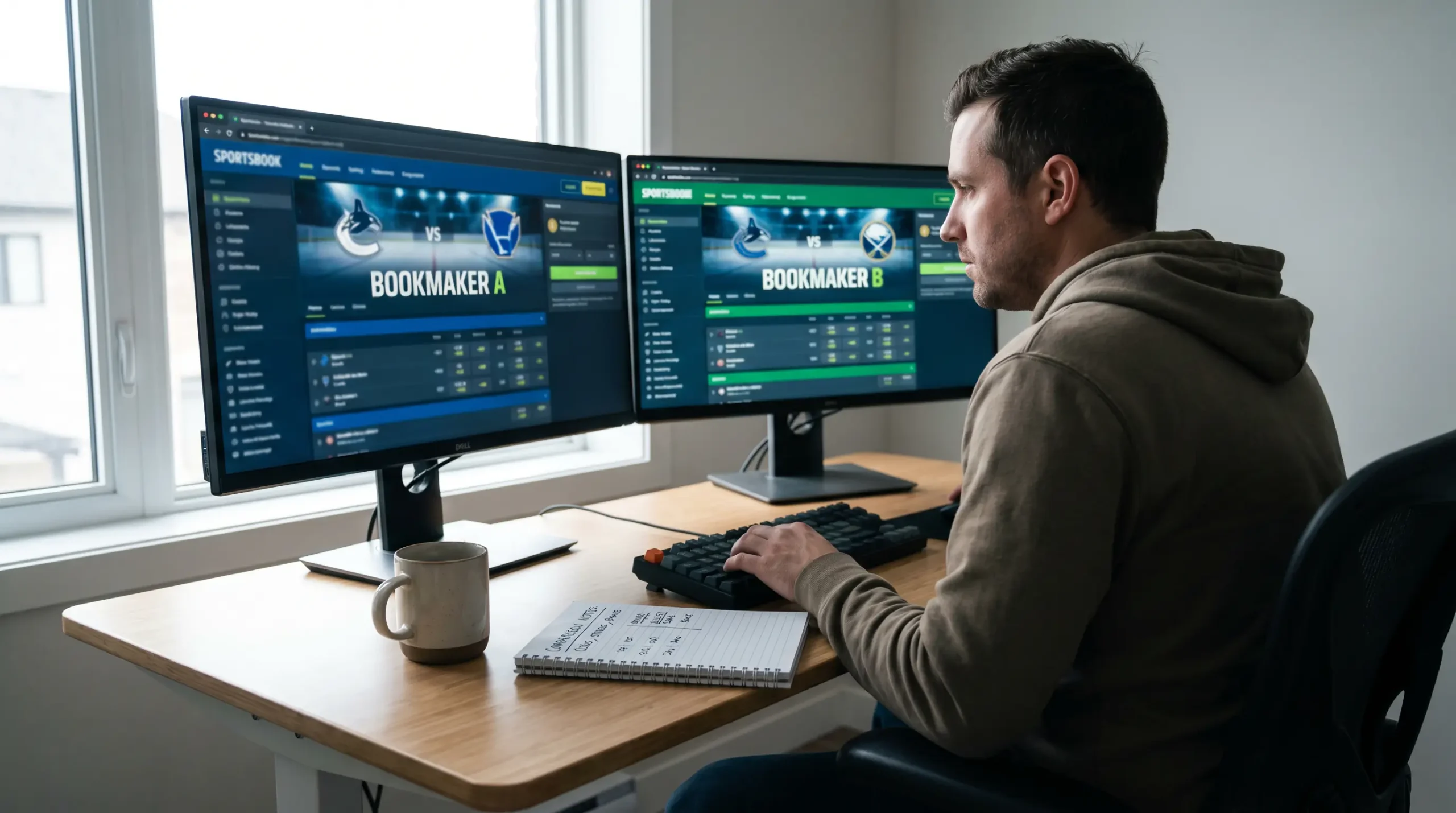 Person comparing hockey betting sites on multiple screens to evaluate UK bookmaker options