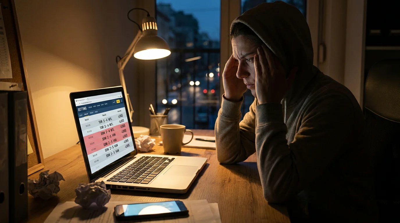 Bettor reviewing a losing streak in their hockey betting tracker with a concerned expression