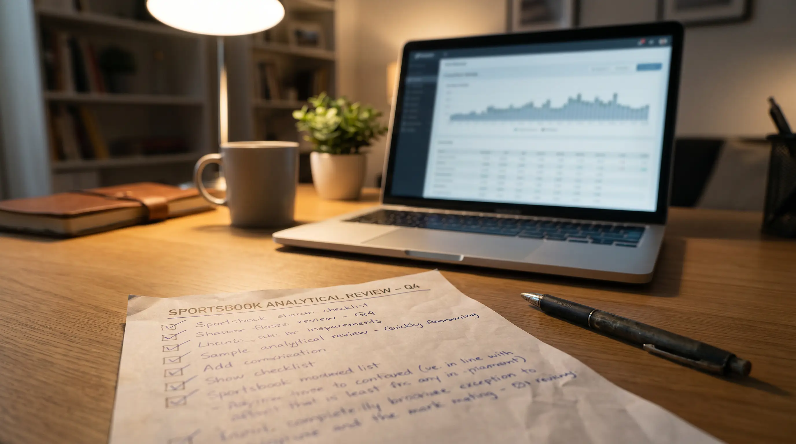 Checklist on a desk used to evaluate hockey bookmaker features like market depth and odds quality