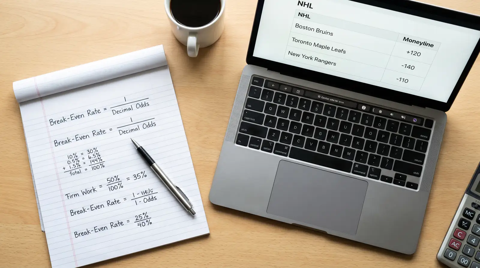 Notepad with break-even rate calculations next to a laptop showing NHL moneyline odds