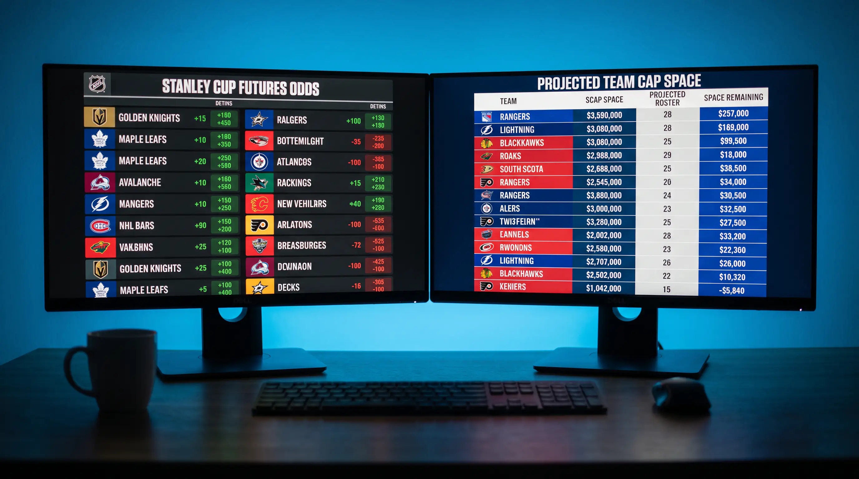 Futures board showing Stanley Cup odds alongside available cap space for each NHL team