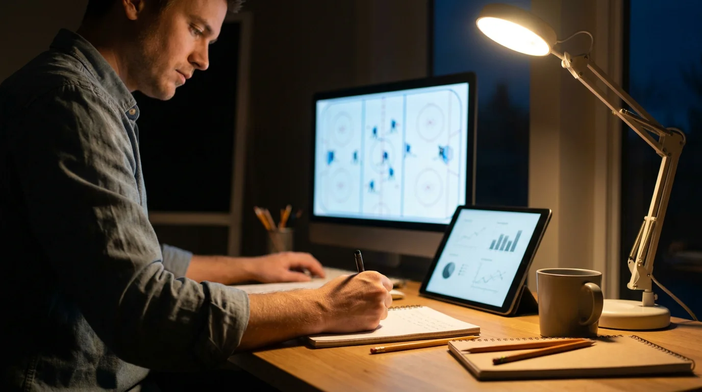 Bettor tracking hockey line movements on a desktop monitor with multiple odds columns