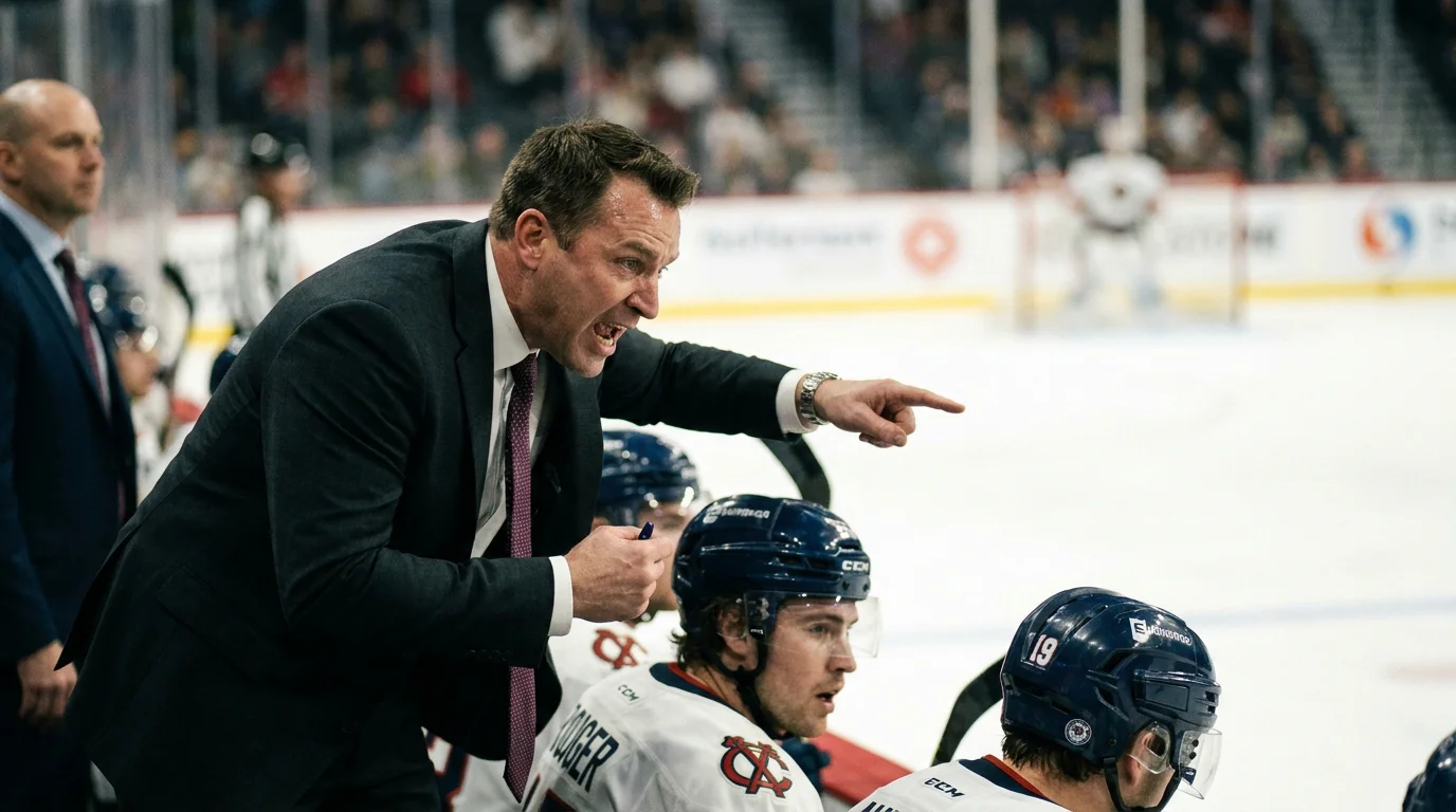 Hockey coach directing players on the bench during the first period of an NHL game