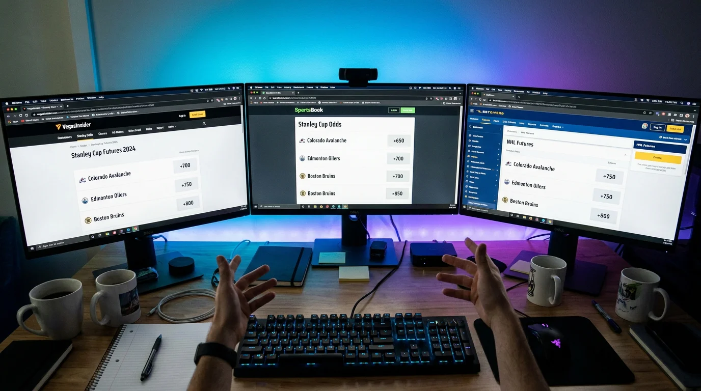 Multiple screens showing different bookmaker prices for the same Stanley Cup futures market