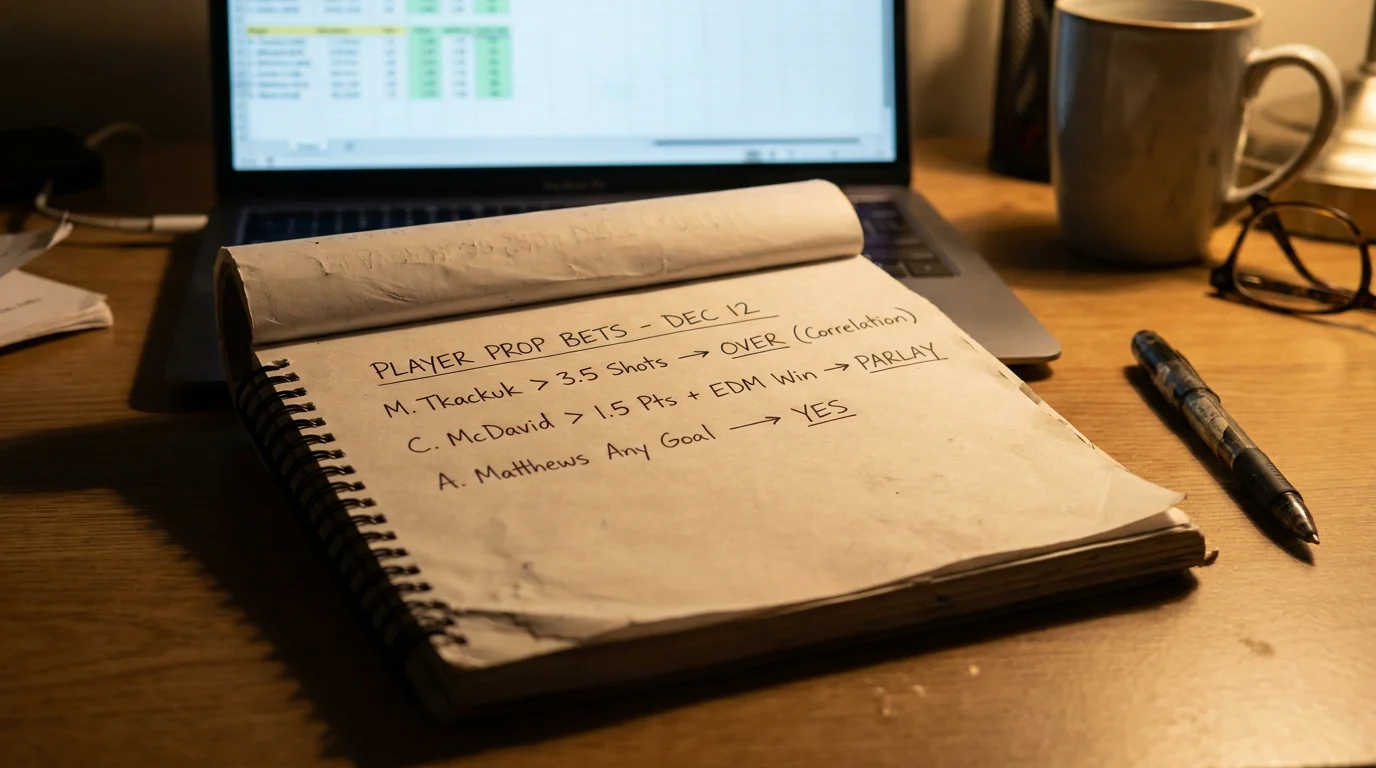 Bettor reviewing multiple player prop bets on a notepad with correlation notes