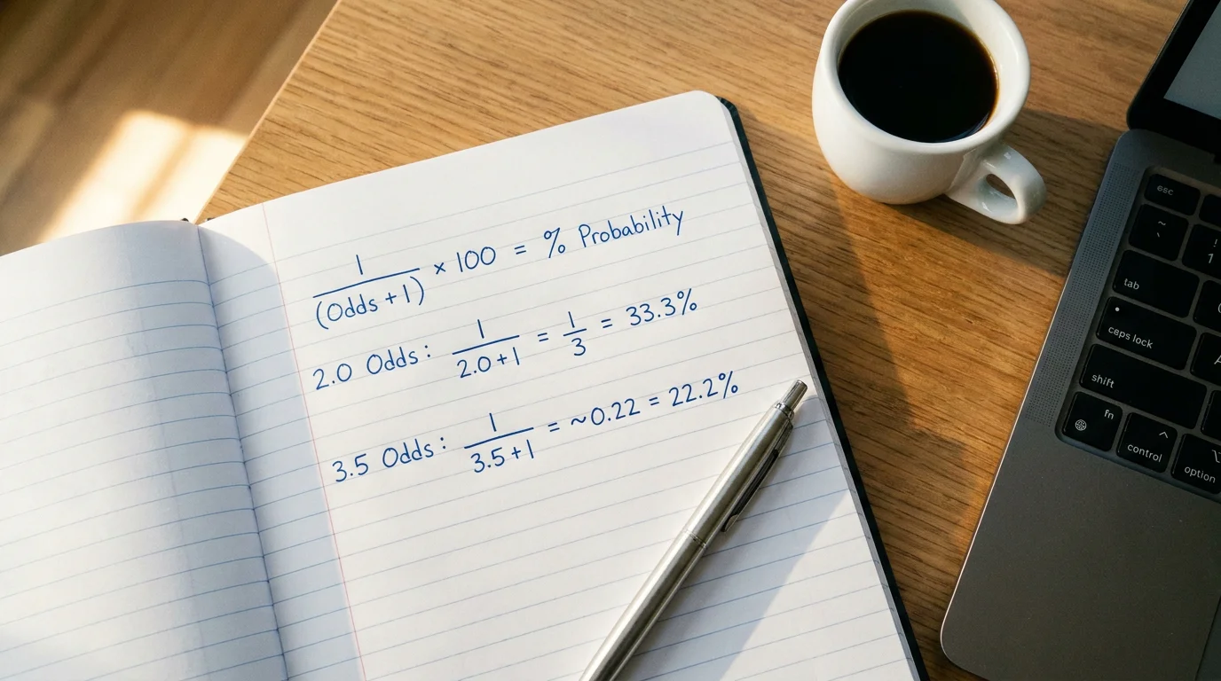 Person writing odds conversion calculations in a notebook with a pen beside a laptop