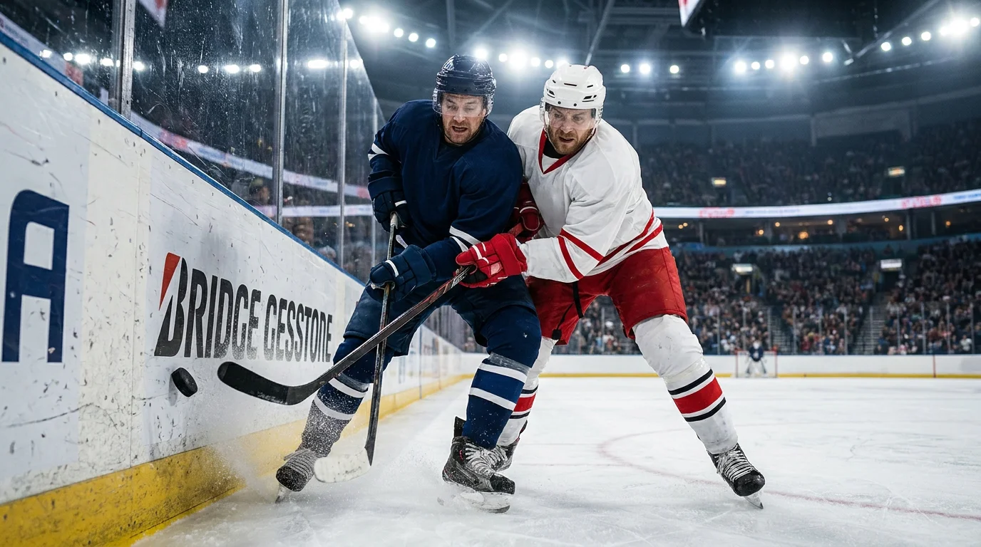 Close divisional hockey game with defensive play at centre ice