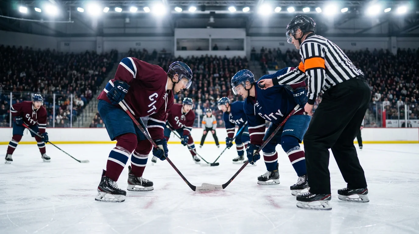 Two hockey teams facing off at centre ice in a rivalry matchup illustrating puck line scenarios