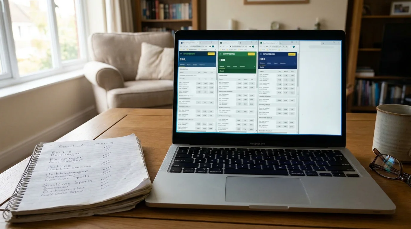 Multiple browser tabs open on a laptop comparing EIHL betting coverage across UK bookmakers