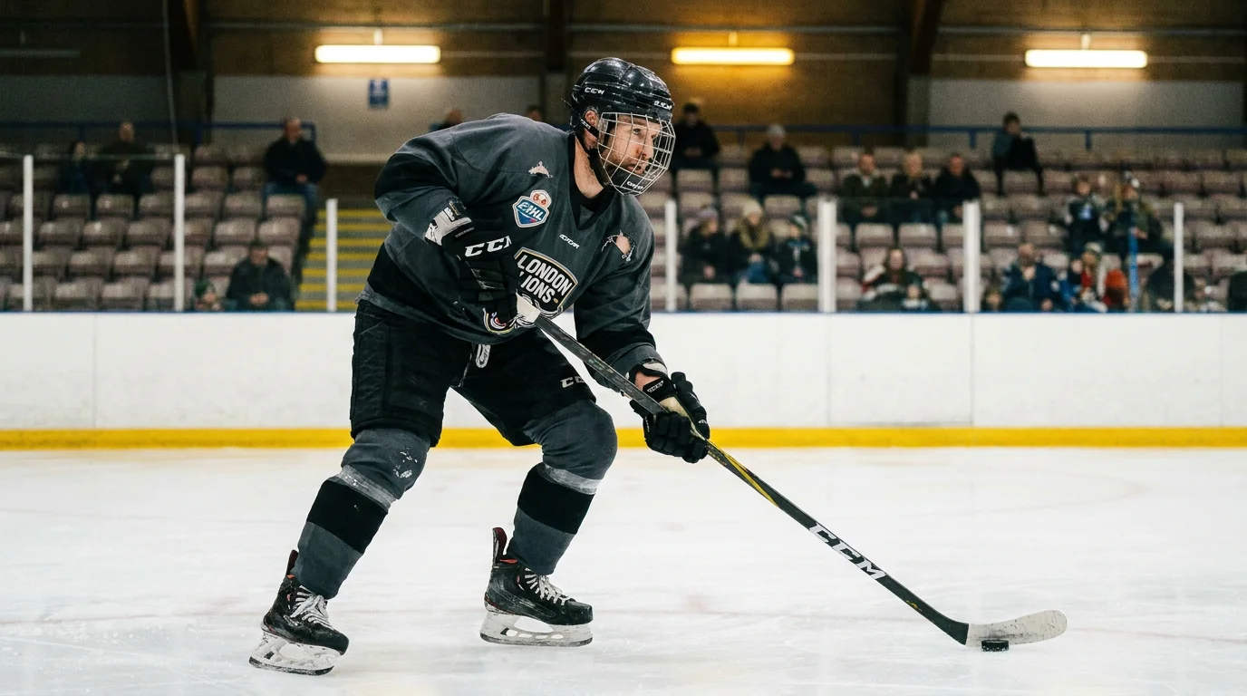 Ice hockey player in generic EIHL-style gear skating during warm-ups, representing import player impact
