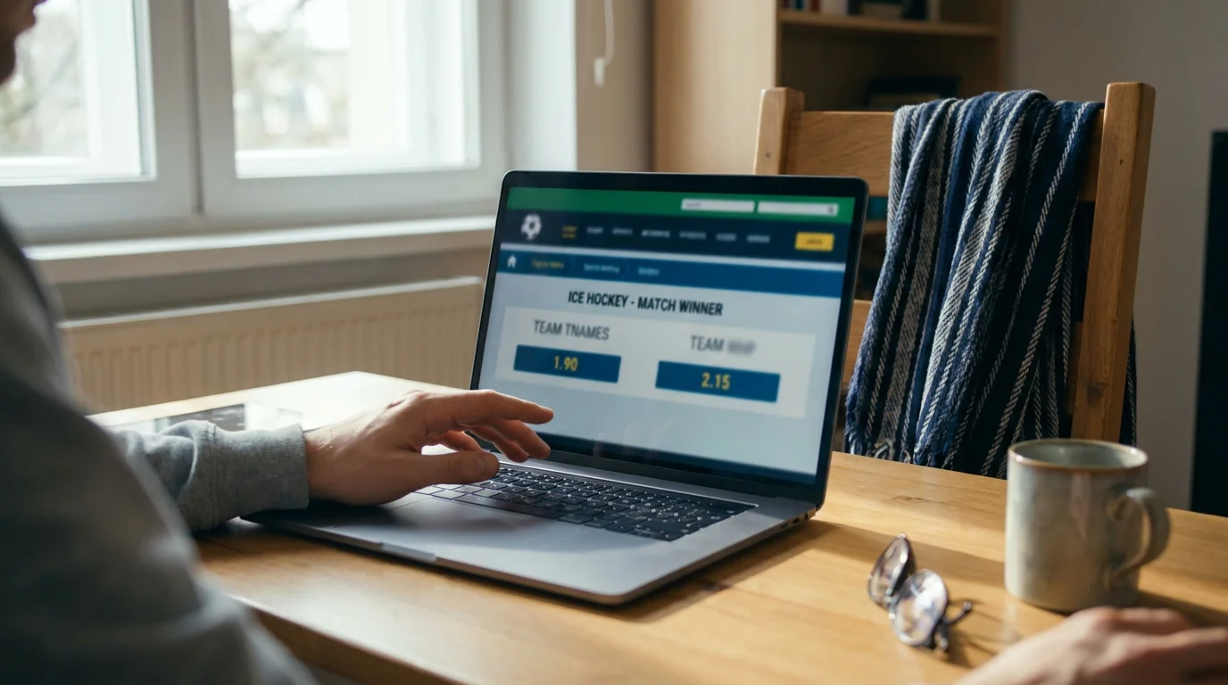 Person placing a pre-game EIHL match winner bet on a laptop at a UK bookmaker