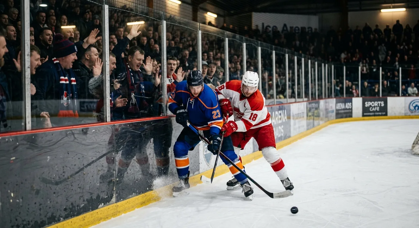 Intense EIHL playoff game with players battling near the boards and a loud crowd behind the glass