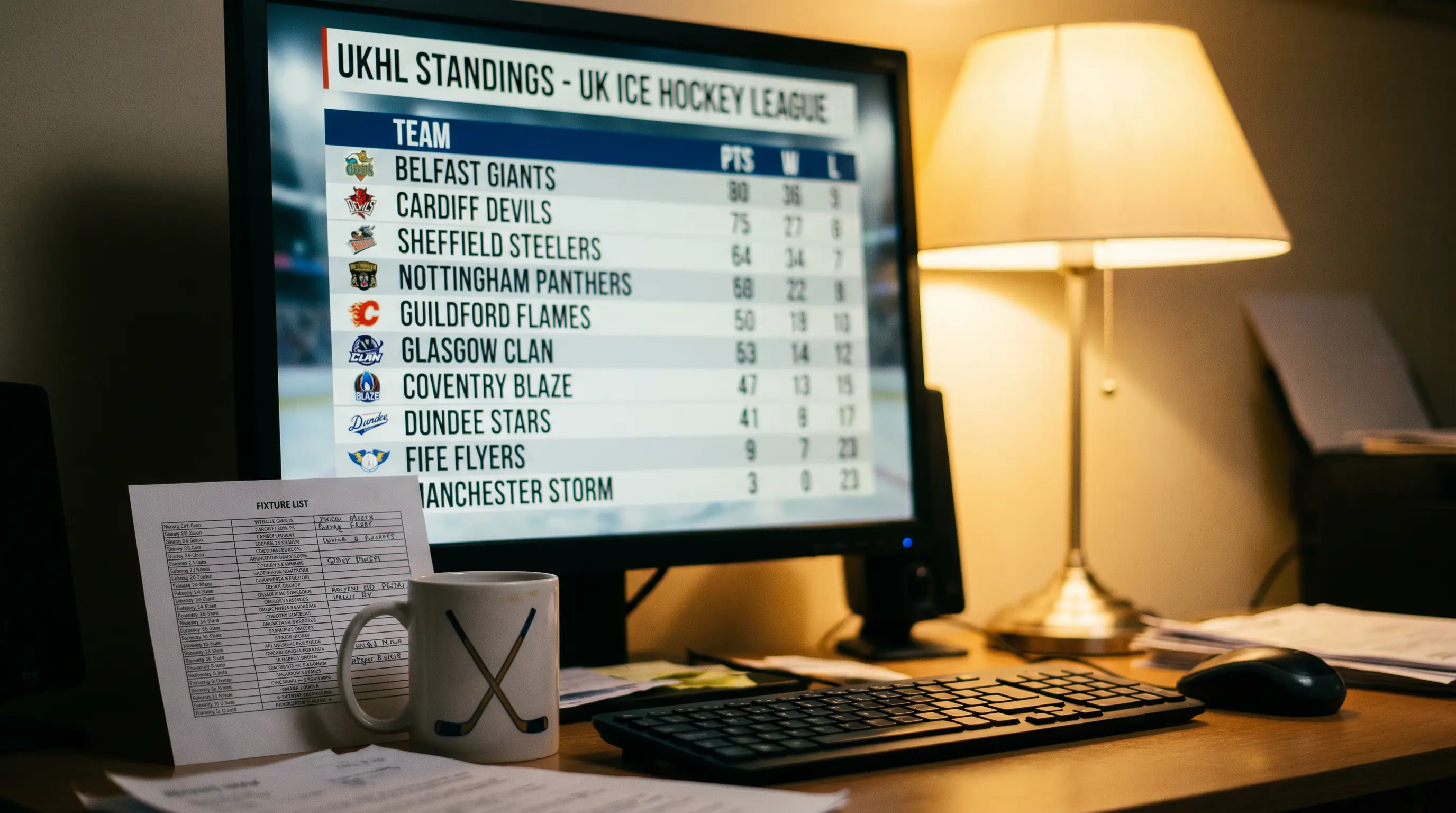 EIHL league standings displayed on a screen showing the competitive format of UK domestic ice hockey