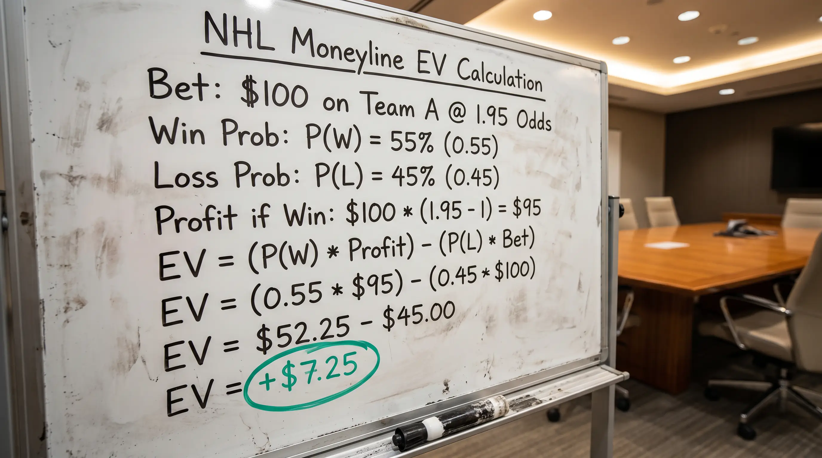 Worked example of an expected value calculation for an NHL moneyline bet on a whiteboard
