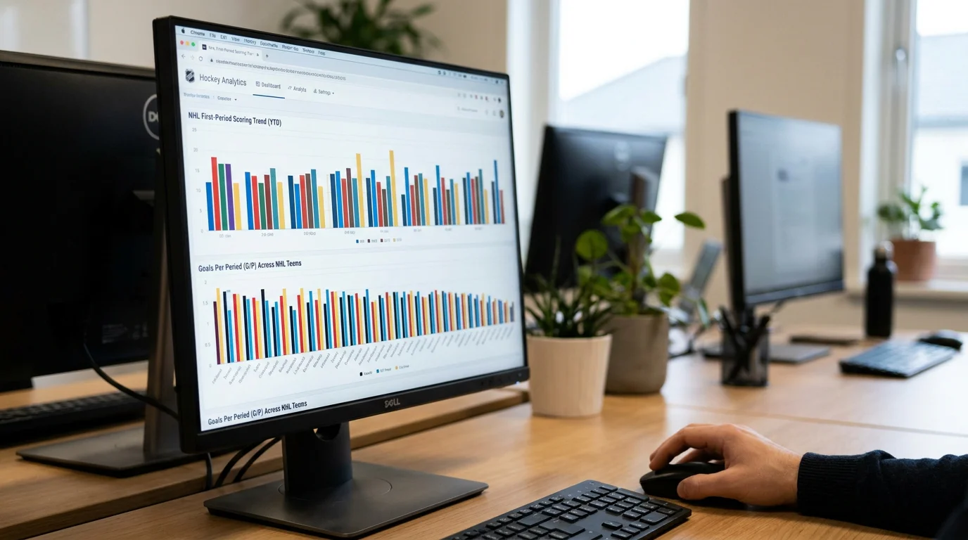 Hockey analytics screen showing first-period scoring trends across NHL teams