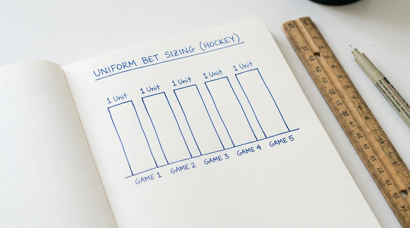 Simple staking chart showing uniform bet sizes across multiple hockey wagers