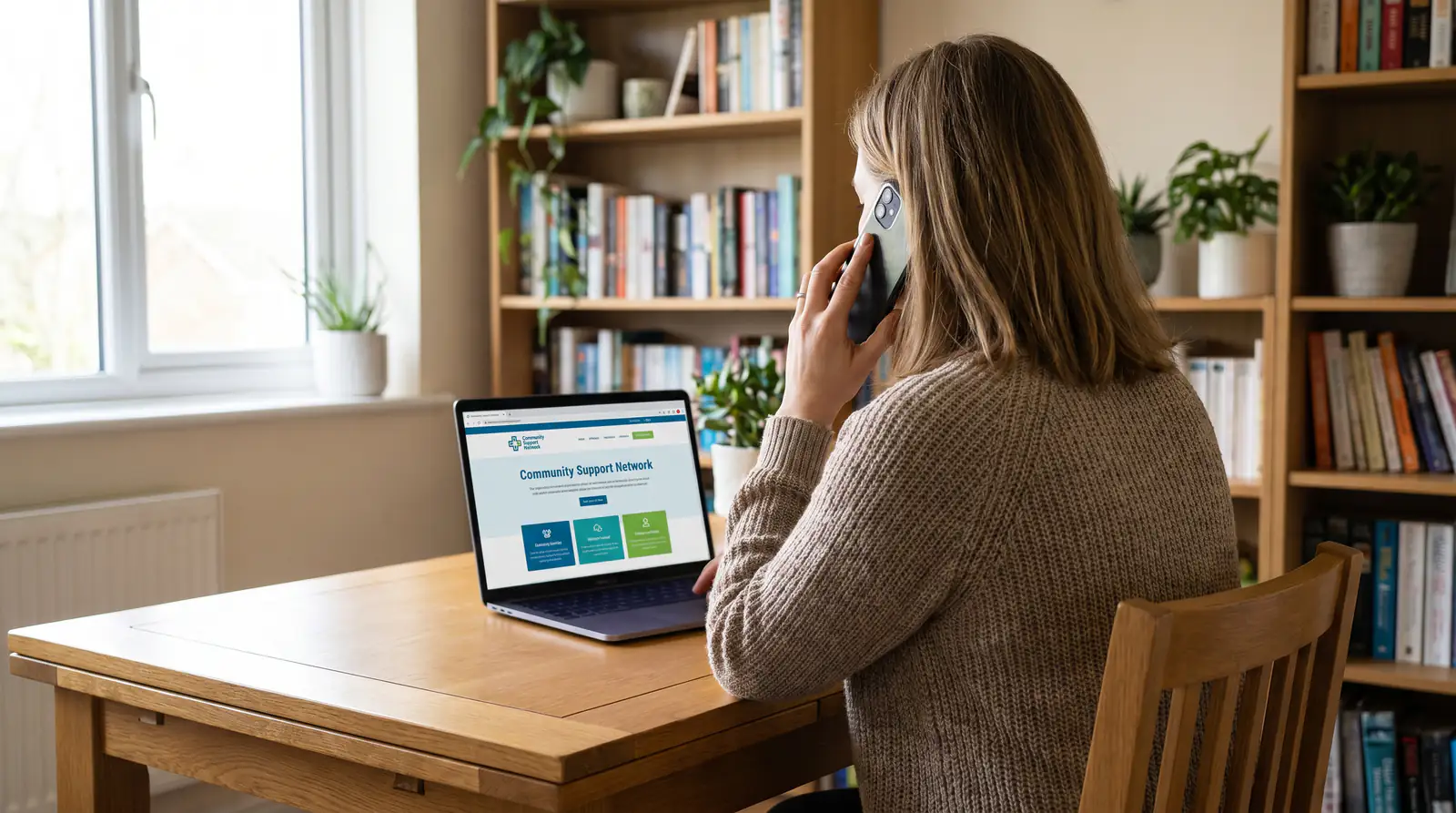 Person speaking on phone while looking at support website