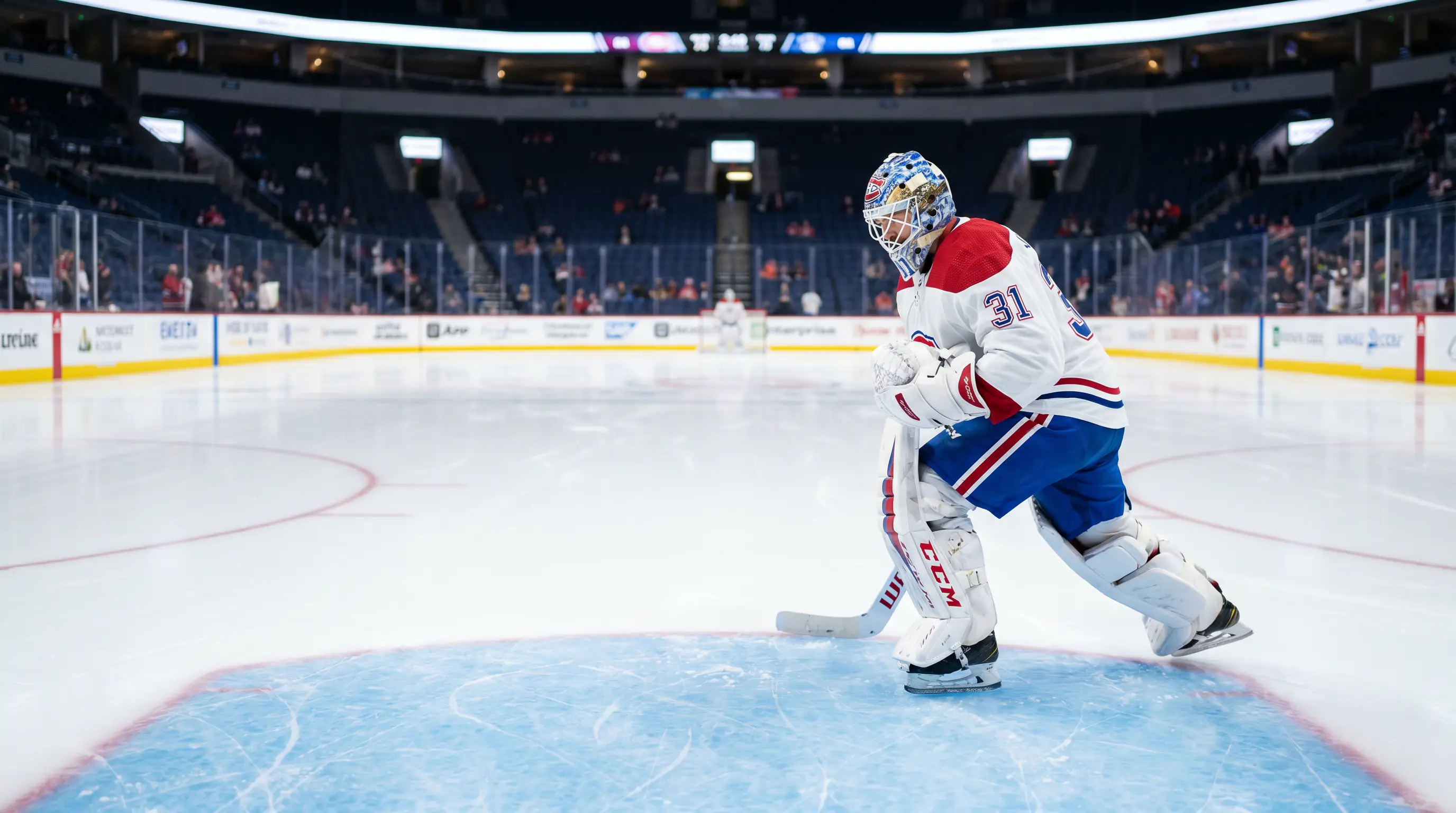 NHL goaltender warming up on the ice during pre-game skate before a totals bet