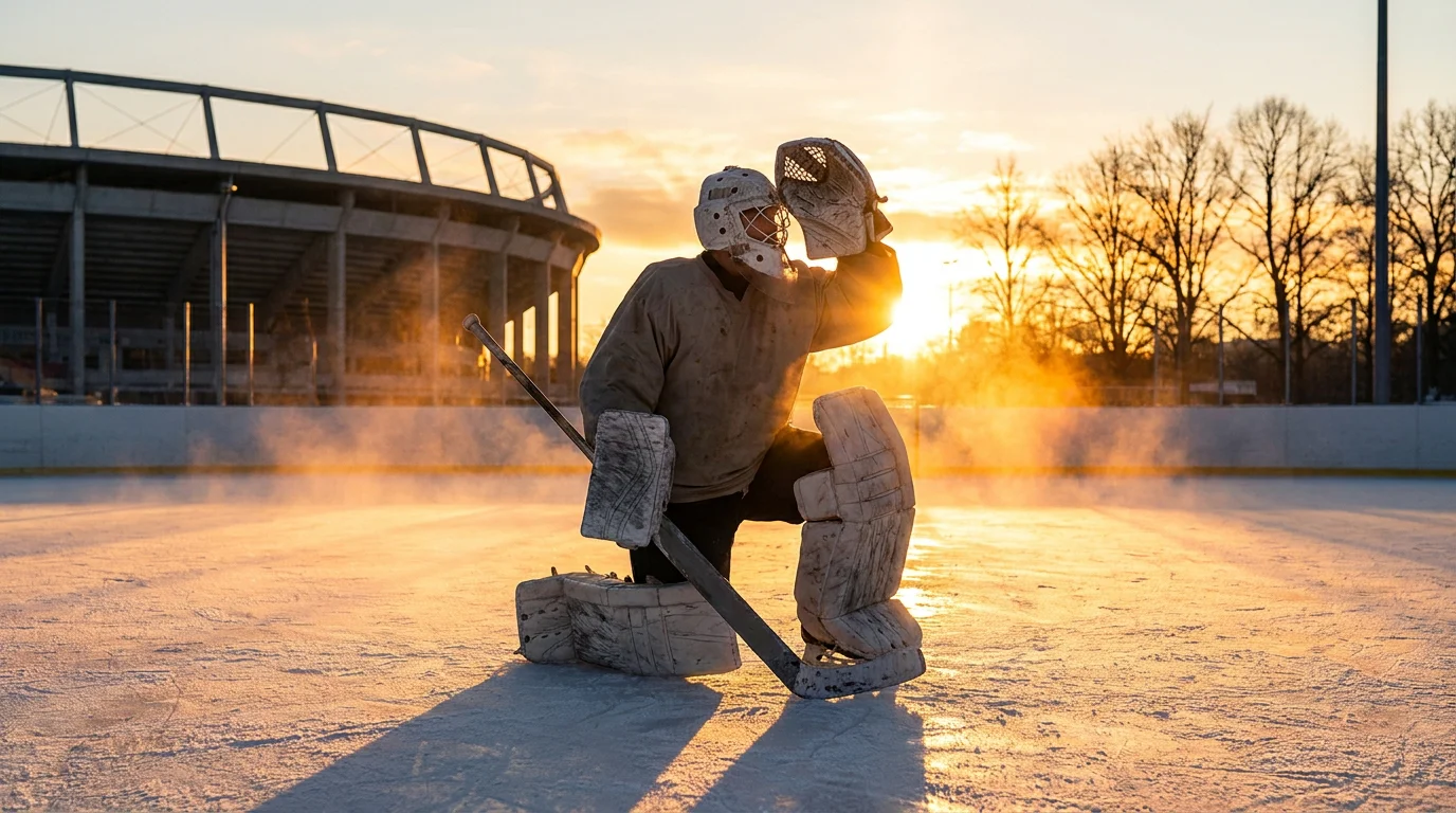 Goaltender shielding eyes from sun glare during outdoor game