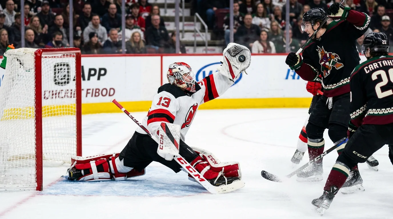 NHL goaltender making a sprawling save during a high-shot-volume game
