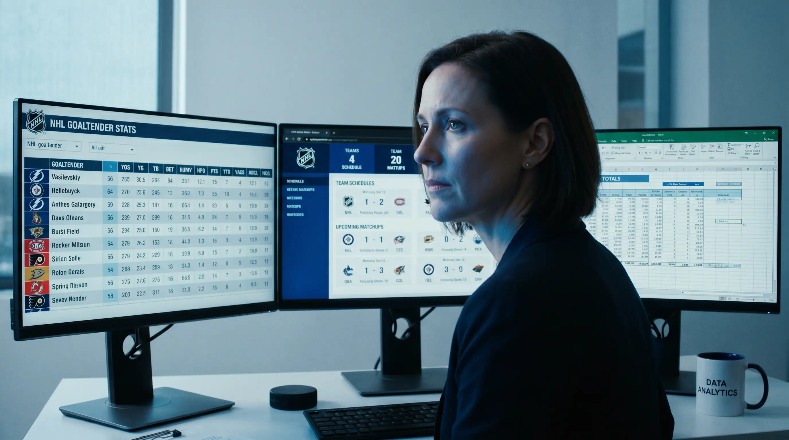 Bookmaker analyst reviewing slate composition and goaltender data on multiple screens