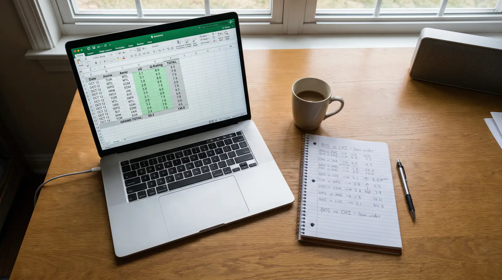 Spreadsheet model projecting expected goals across an NHL slate for grand salami analysis