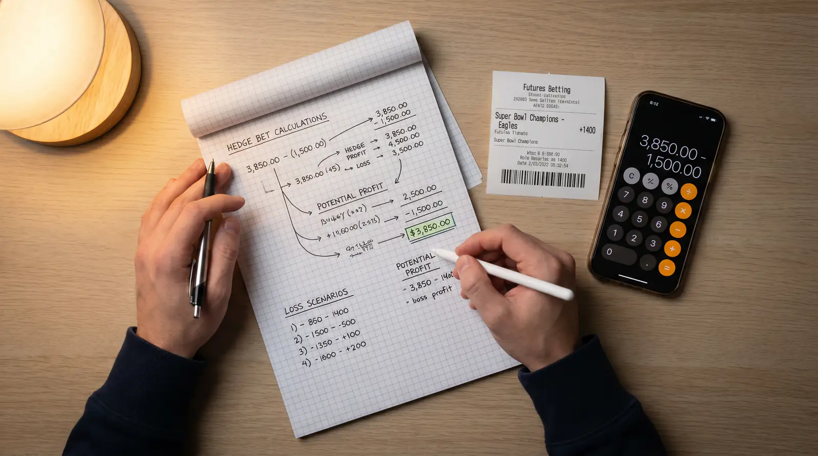 Bettor calculating hedge positions on paper with a Stanley Cup futures ticket nearby