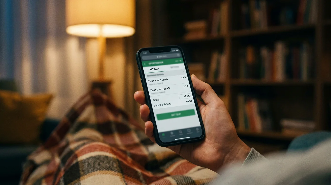 Person reviewing a hockey bet slip on a mobile phone with decimal odds displayed