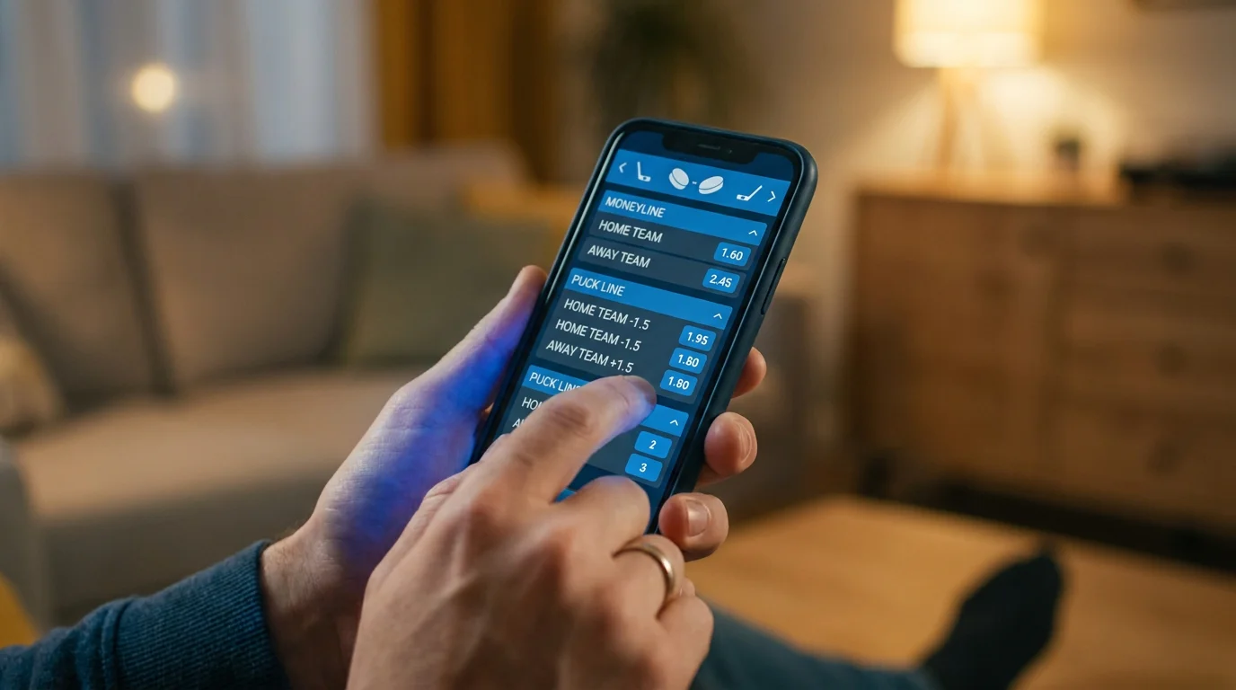Person holding a smartphone displaying a hockey betting app with moneyline and puck line markets