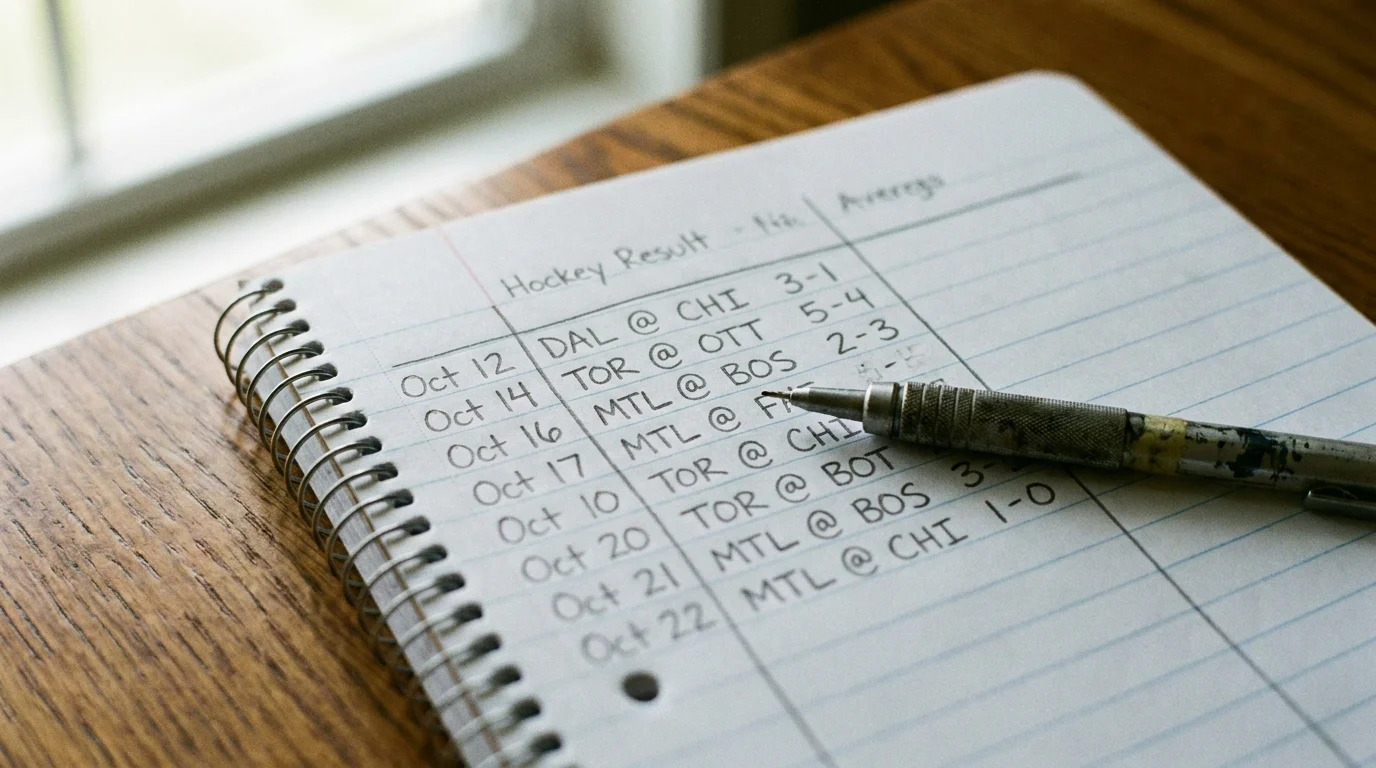 Notebook with handwritten hockey bet tracking notes