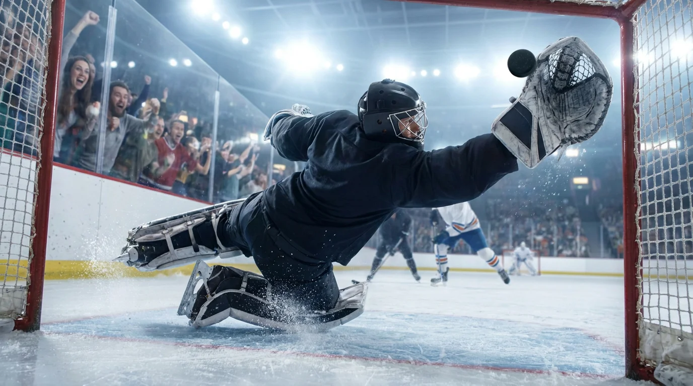 Ice hockey goaltender making an acrobatic save during a home game with crowd visible behind the net
