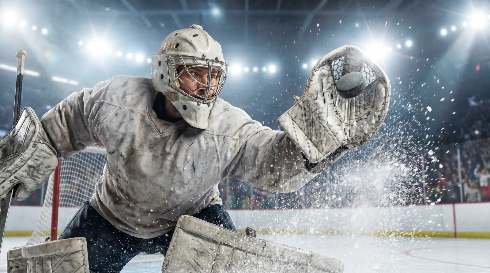 NHL goaltender making a save during a game, highlighting the importance of checking the starting goalie before betting