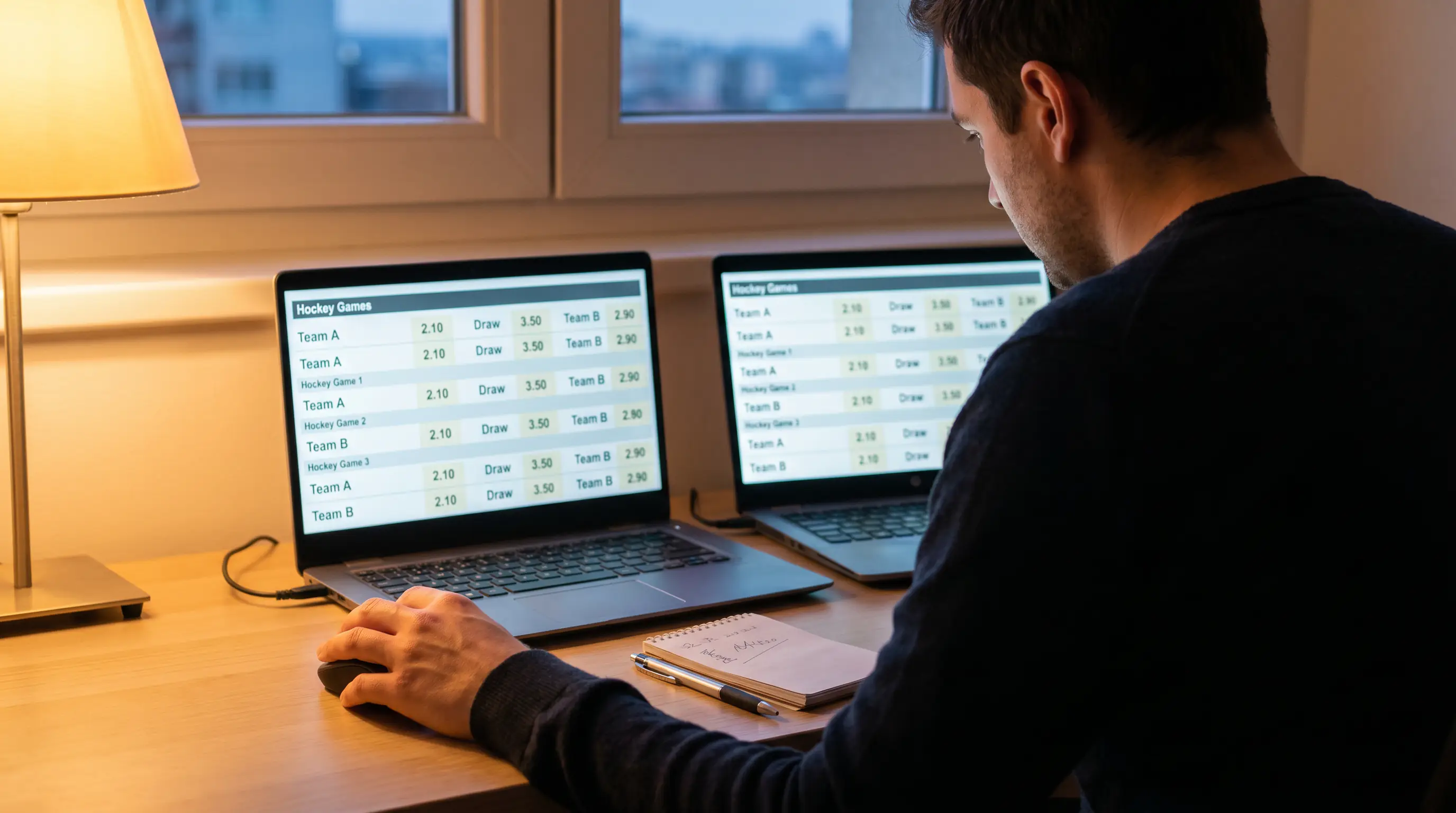 Person comparing ice hockey odds on two laptop screens side by side in a home office