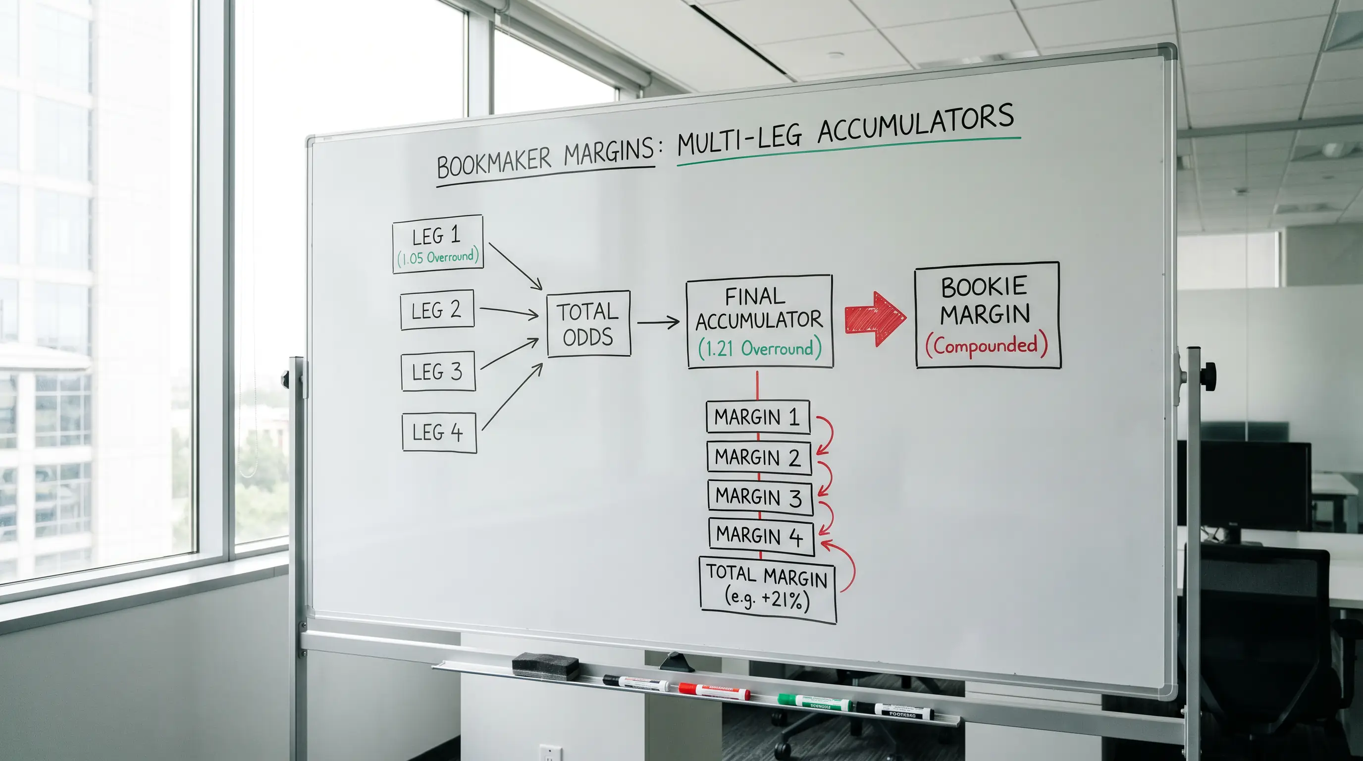 Stacked bookmaker margins compounding across each accumulator leg