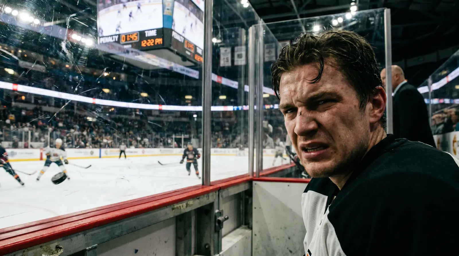 Hockey player sitting in penalty box during heated game