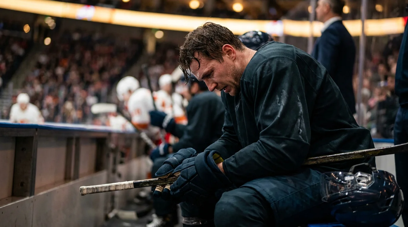 Tired hockey player resting on bench during back-to-back game