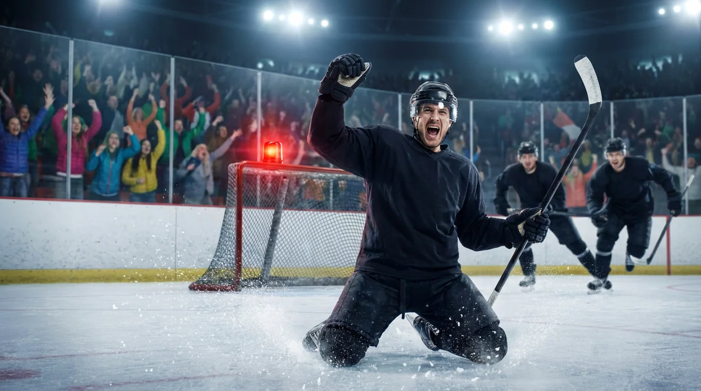 Ice hockey player celebrating a goal with teammates on the rink in front of cheering fans