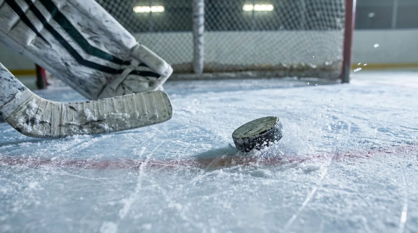Hockey puck on ice near the goal crease illustrating close scoring margins in puck line betting