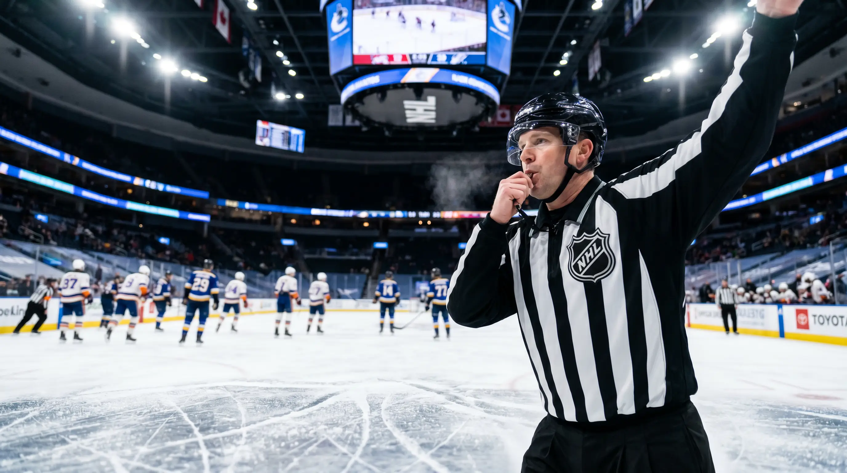 NHL referee blowing the whistle during a game stoppage as teams regroup on the ice