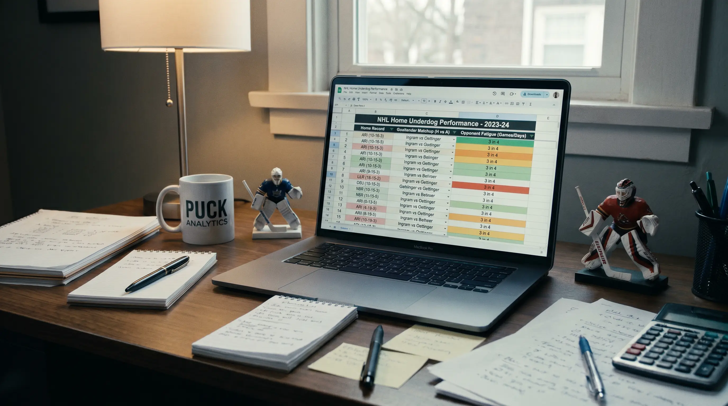 Analyst reviewing filtered home underdog dataset with goaltender and schedule columns highlighted
