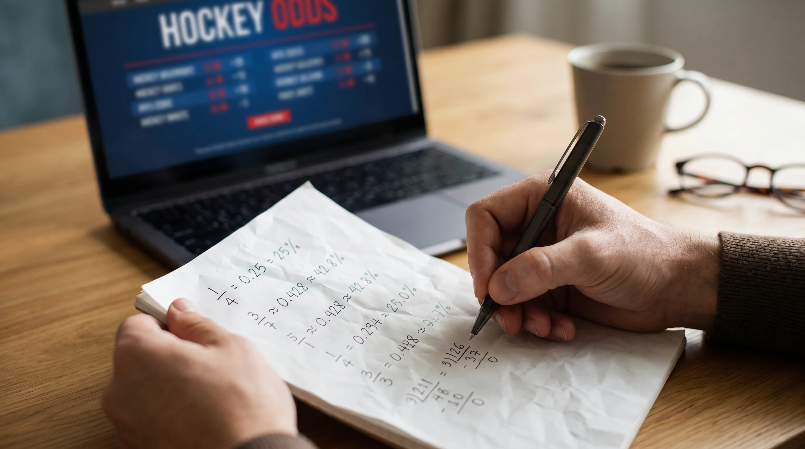 Person calculating implied probability from hockey odds on paper with a pen