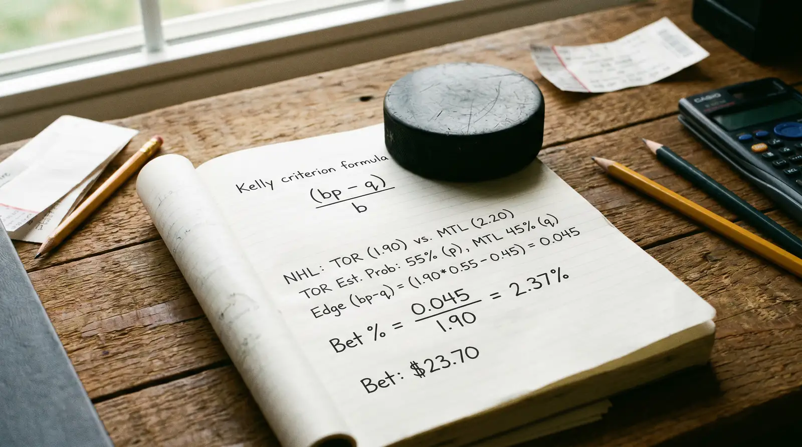 Notebook page with the Kelly criterion formula written out alongside hockey betting notes