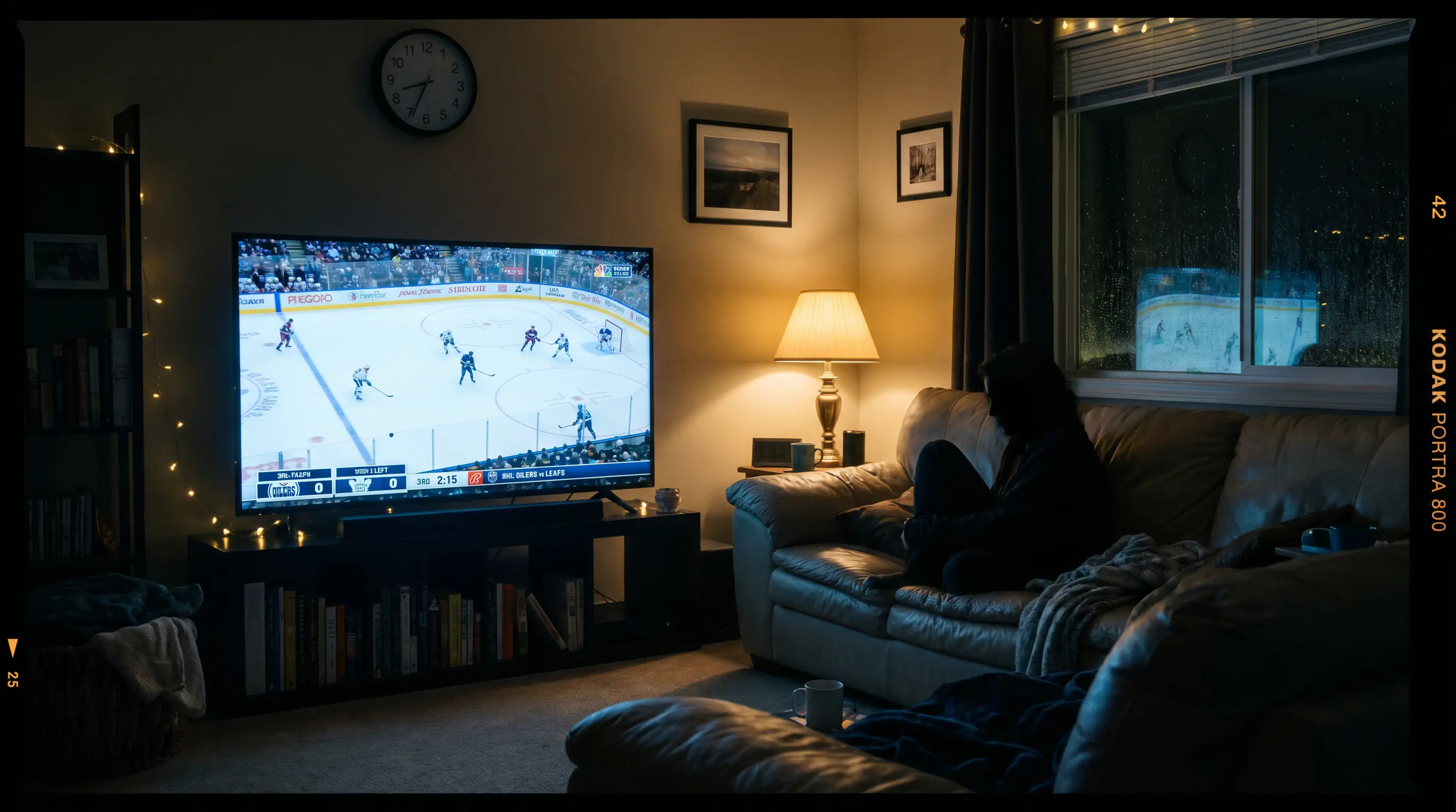 Dimly lit room with person watching late-night hockey broadcast